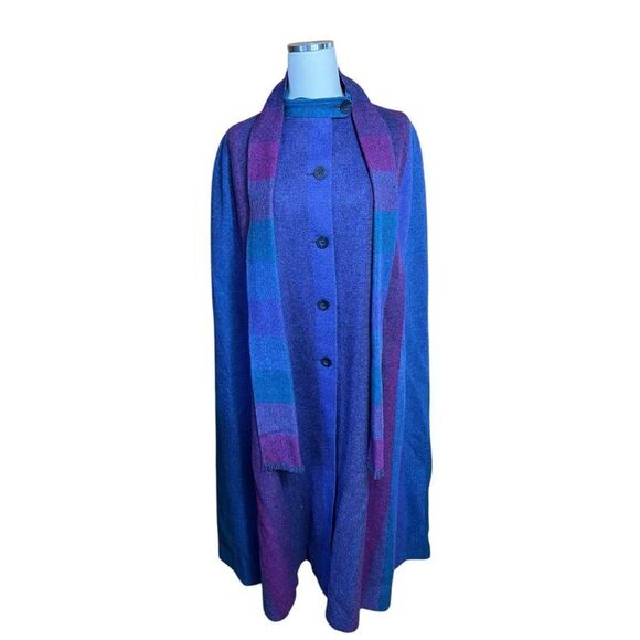 Vintage Avoca Collection Blue Purple Striped 100% Irish Wool Cape Coat Medium - Picture 3 of 11